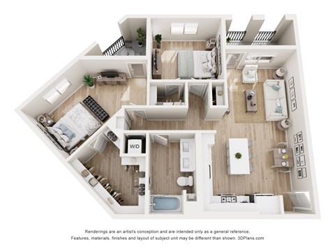 A 3D floor plan of a house with a kitchen, living room, and two bedrooms.